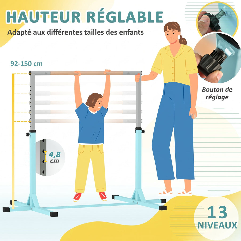 Barre fixe de gymnastique pour enfant, hauteur réglable 13 niveaux de 92-150 cm, en acier et bois en hêtre, cyan-3