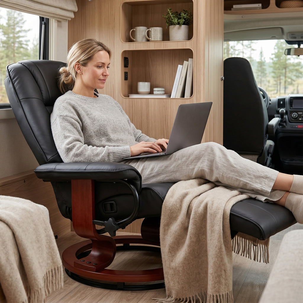 Fauteuil Relax Inclinable, Fauteuil de Salon, Repose-Pieds Réglable, Pivotant 360°, Piètement Bois, Revêtement Synthétique, Noir-8