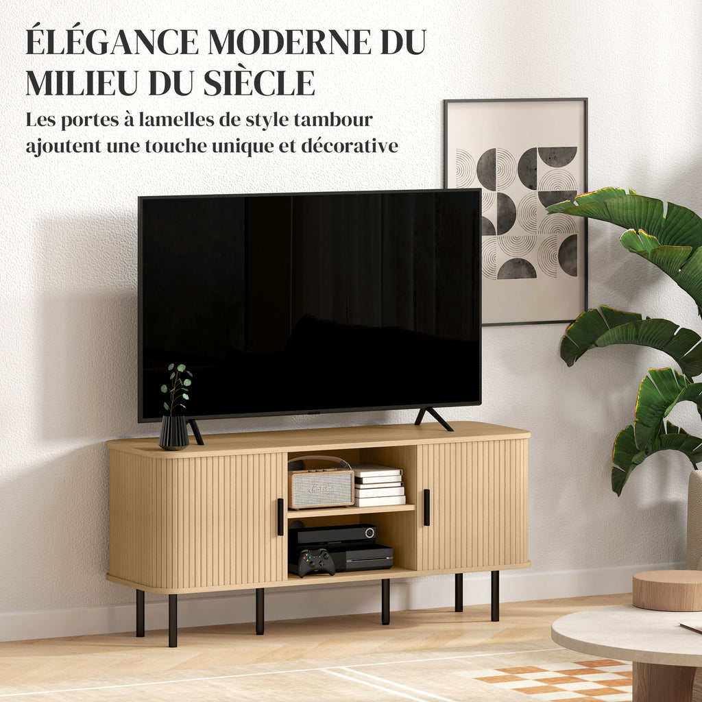 Meuble TV avec 2 portes tambour à lamelles design scandinave pour télévision jusqu'à 55 pouces 120 cm ton chêne-3