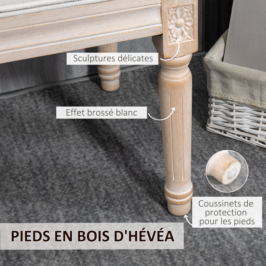 Banc bout de lit banquette capitonnée style vintage français revêtement tissu aspect lin pieds en bois massif crème-4