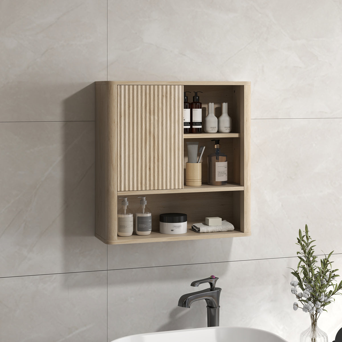 Armoire murale salle de bain avec étagères réglables, porte coulissante et étagères ouvertes, bois naturel-9