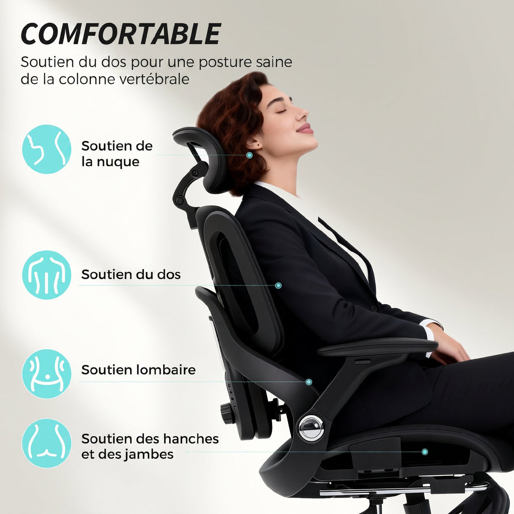Chaise Bureau Ergonomique avec Accoudoirs 4D Appui-Tête et Profondeur d'Assise Réglables Maille Noir-3