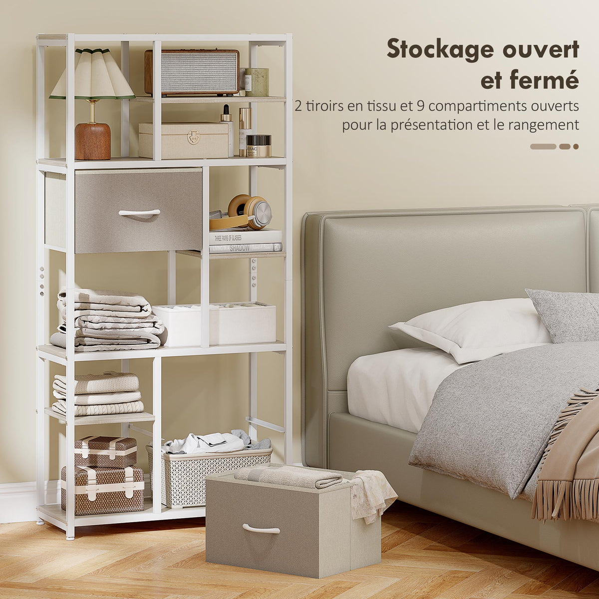 Étagère de rangement 6 niveaux, bibliothèque avec 2 tiroirs en tissu, 9 étagères ouvertes, 72,5 x 30 x 150 cm, blanc-3