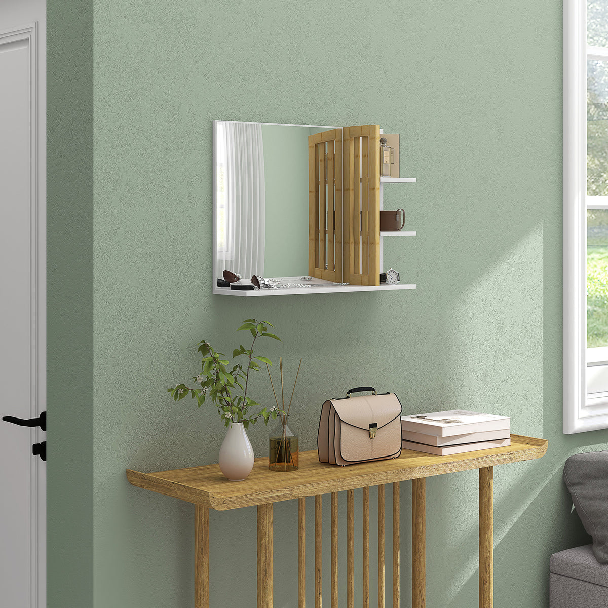 Miroir mural de salle de bain avec 3 étagères latérales 1 étagère inférieure en bambou 45 x 15 x 58,5 cm blanc-6