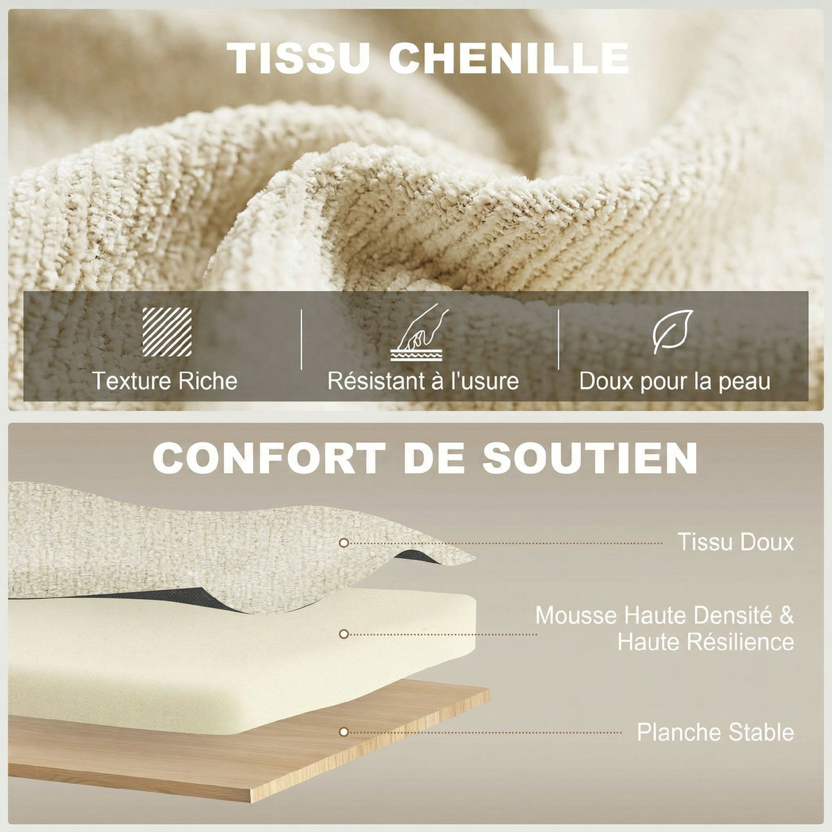 Canapé convertible 2 places 3 en 1, canapé-lit clic clac en chenille avec dossier réglable, porte-gobelets, beige-6