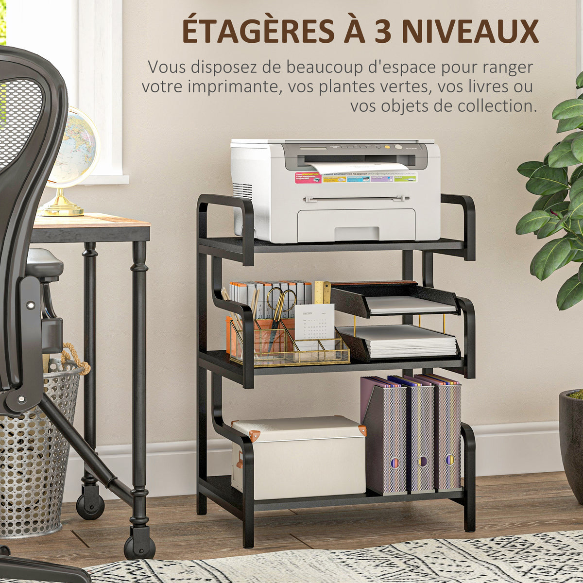 Étagère de rangement à 3 niveaux étagère en métal design industriel structure en acier 55 x 40 x 77 cm Noir-3