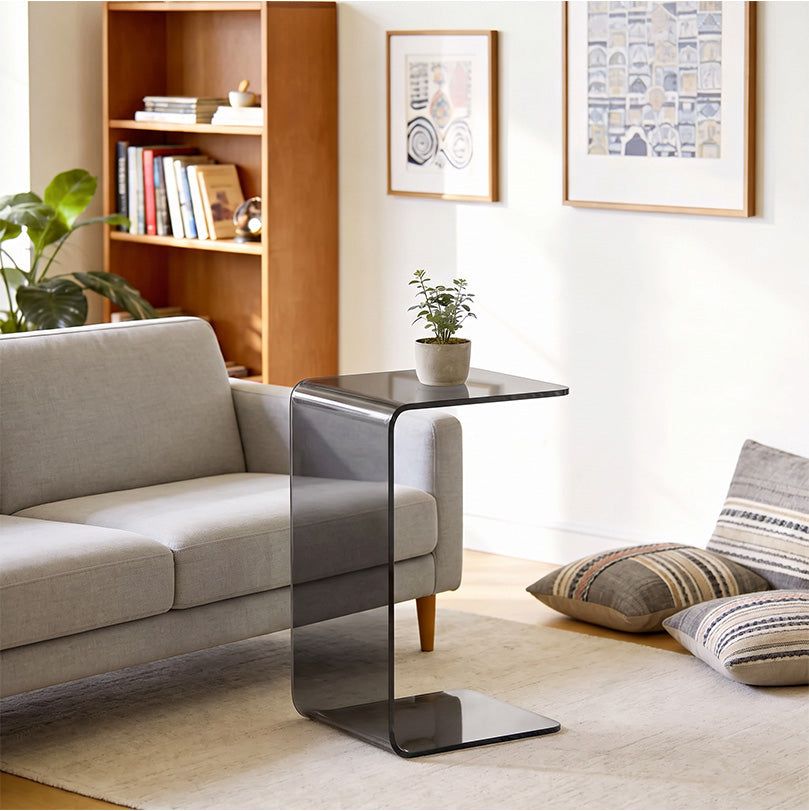 Table Basse en Verre, Table de Salon Rectangulaire Design Moderne avec Bords Arrondis Sûrs, Gris Clair Transparent-7