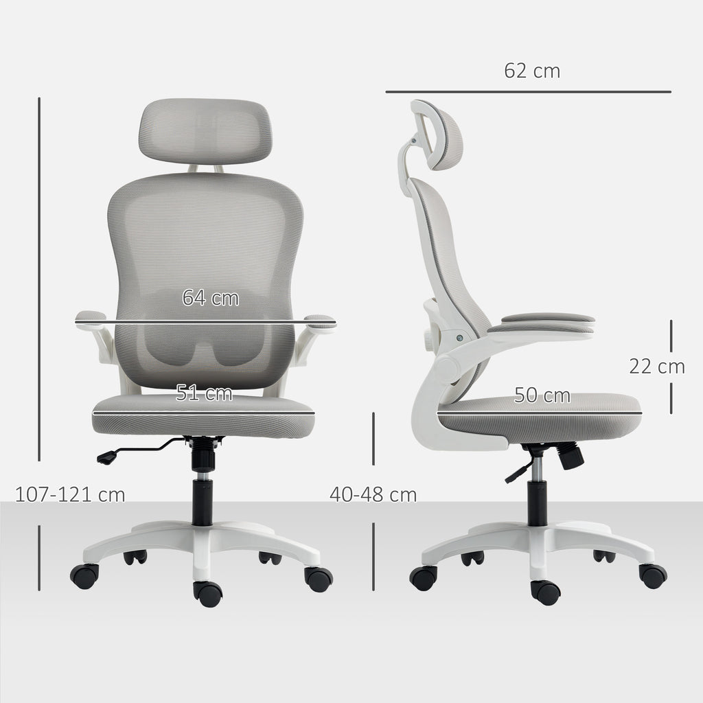 Chaise Bureau Ergonomique, Fauteuil de Bureau en Maille avec Accoudoirs Rabattables, Hauteur Réglable, 64x62x115cm, Gris-2