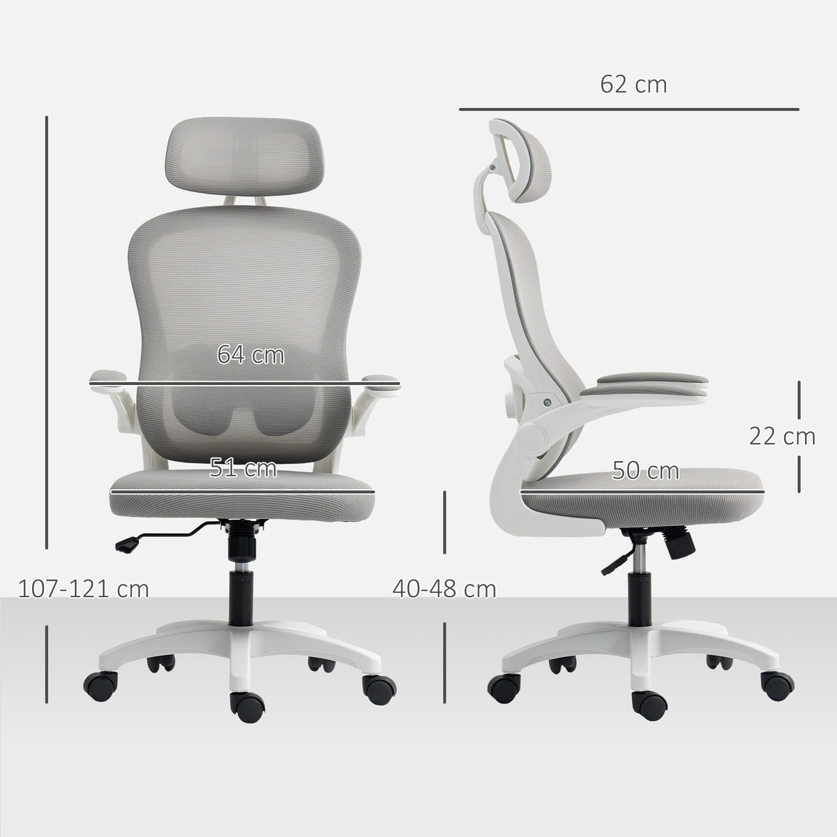 Chaise Bureau Ergonomique, Fauteuil de Bureau en Maille avec Accoudoirs Rabattables, Hauteur Réglable, 64x62x115cm, Gris-2