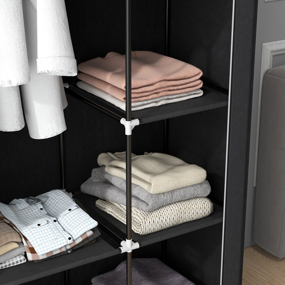 Armoire penderie multi-rangement - 6 étagères, 1 barre - non tissé noir-9