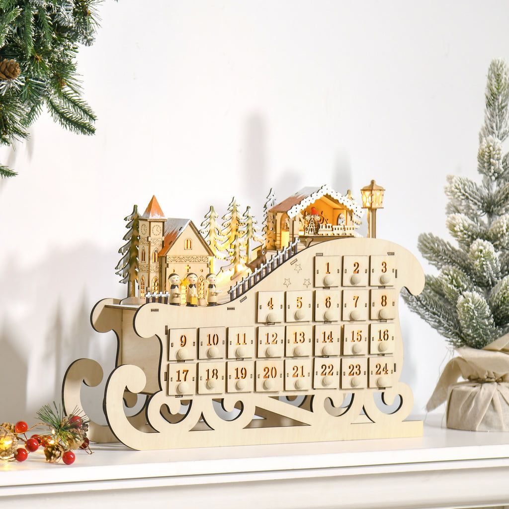 Calendario dell’Avvento di Natale in legno a slitta con 24 cassetti e 10 LED
