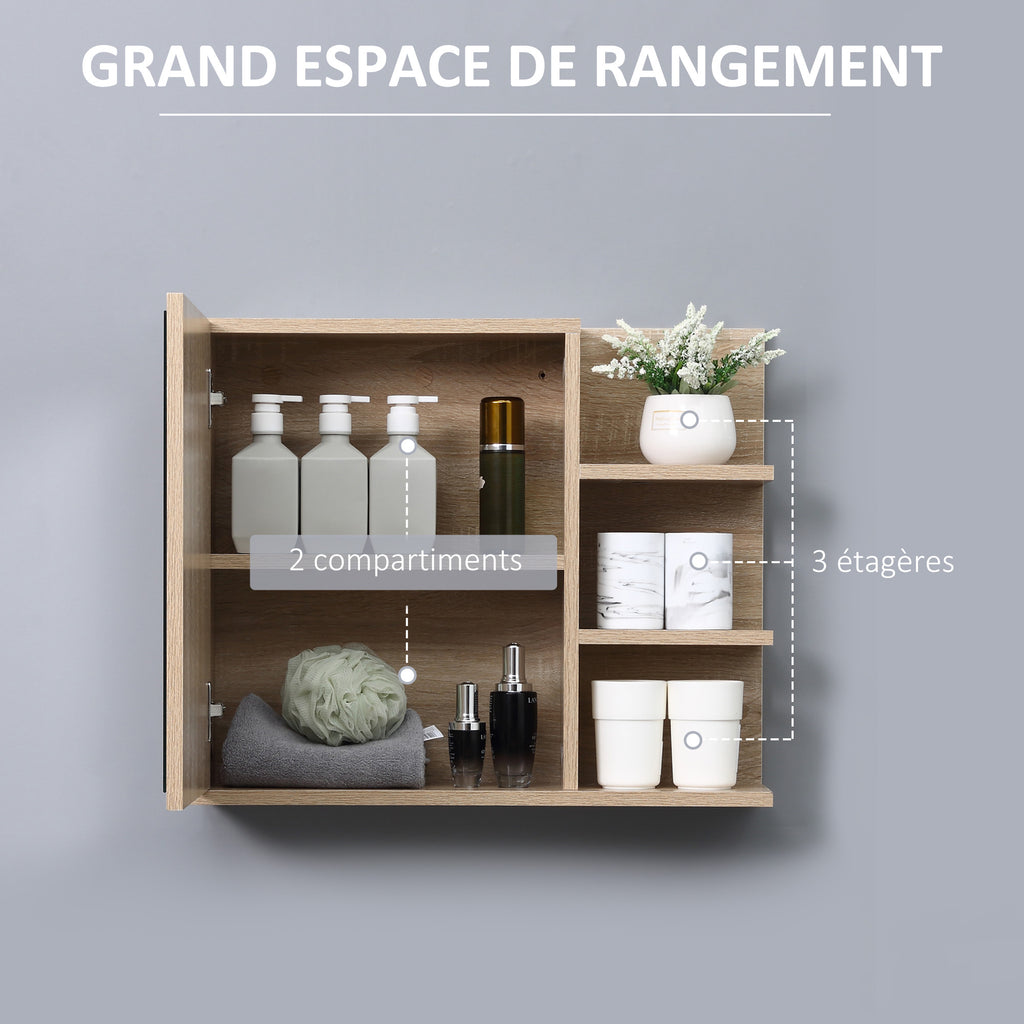 Armoire Miroir de Salle de Bain avec étagère - 3 étagères latérales - kit Installation Murale fourni - Panneaux Particules Aspect chêne Clair-3