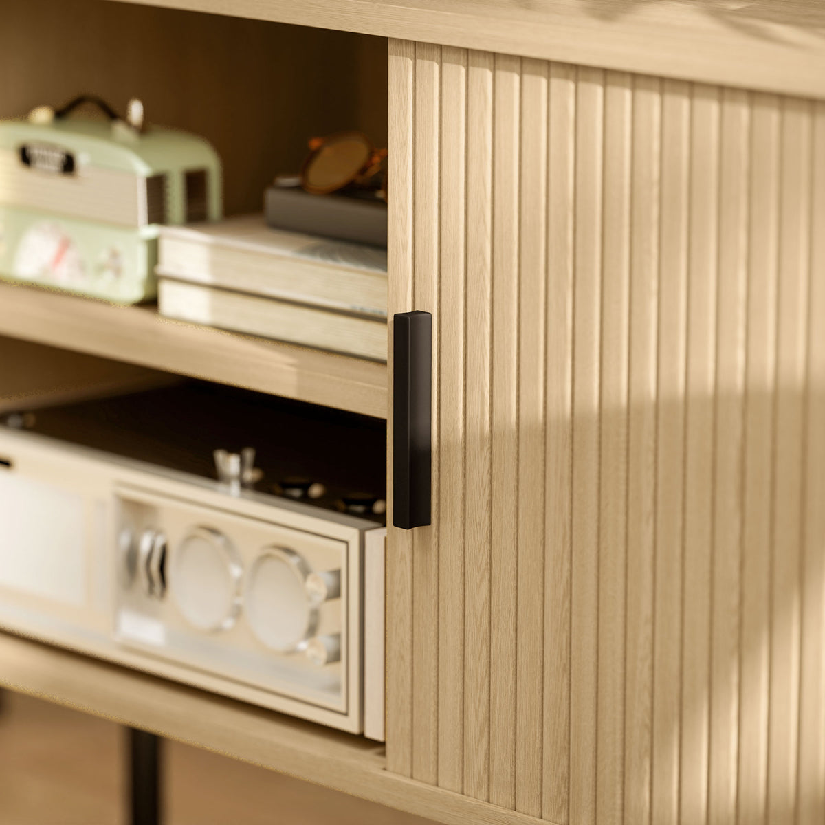 Meuble TV avec 2 portes tambour à lamelles design scandinave pour télévision jusqu'à 55 pouces 120 cm ton chêne-8