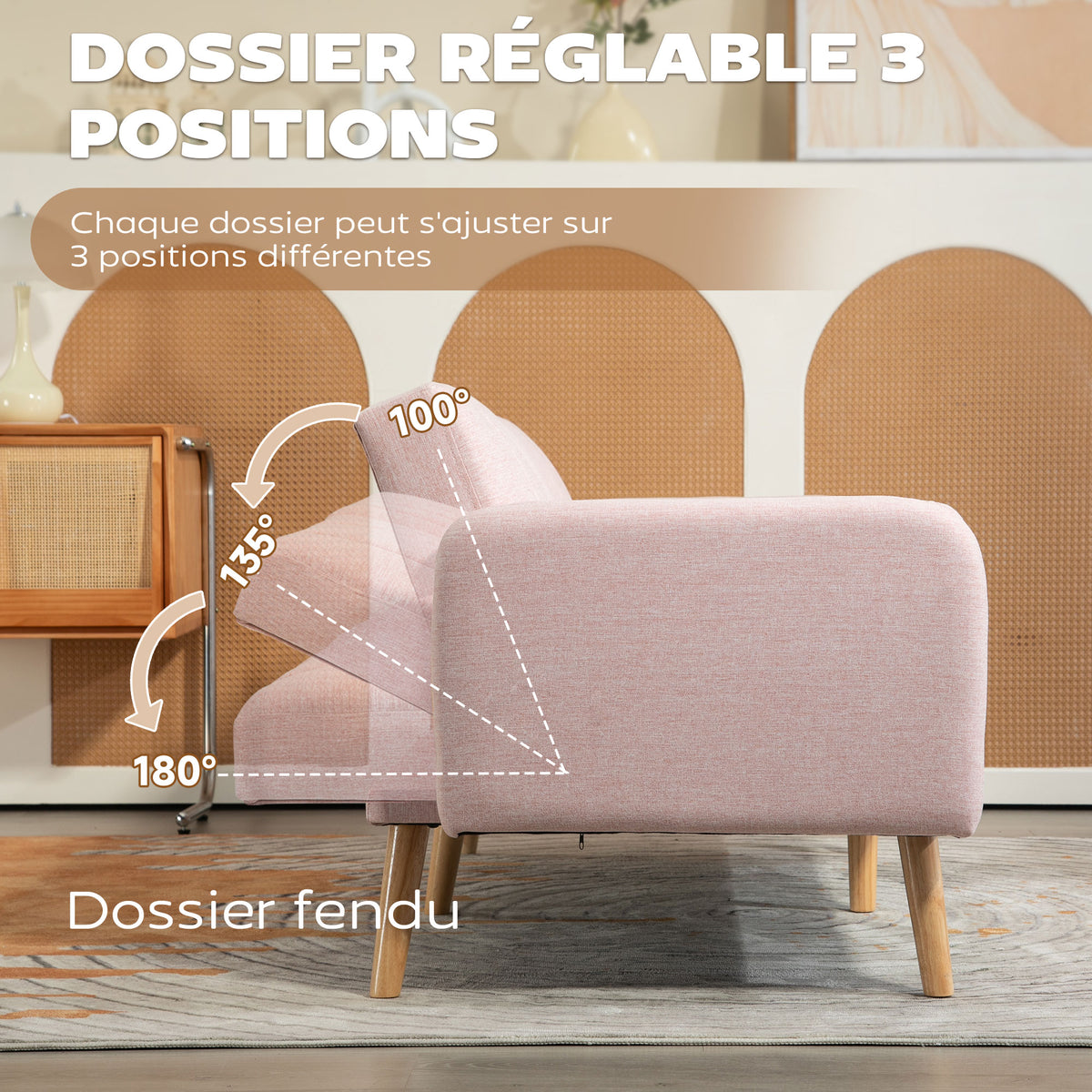 Canapé Convertible 2 Places Design scandinave Dossier inclinable 3 Positions Pieds Bois Tissu Aspect Lin Rose-4
