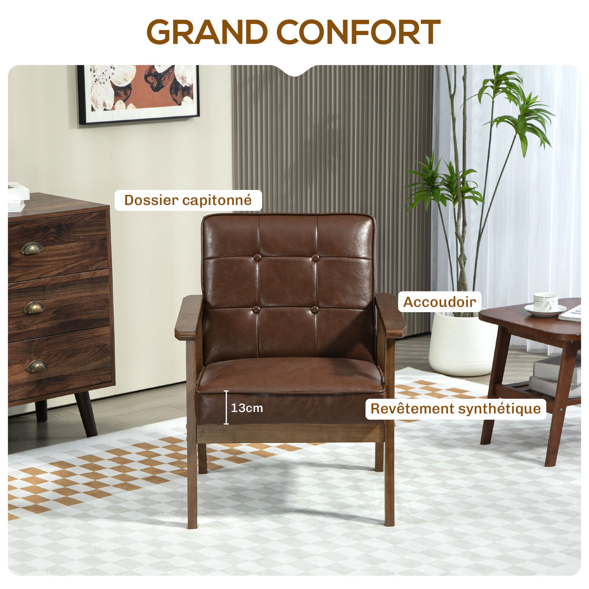 Fauteuil de salon, fauteuil de chambre en cuir synthétique, dossier capitonné, pieds en bois massif, 64x73x81cm, marron-3