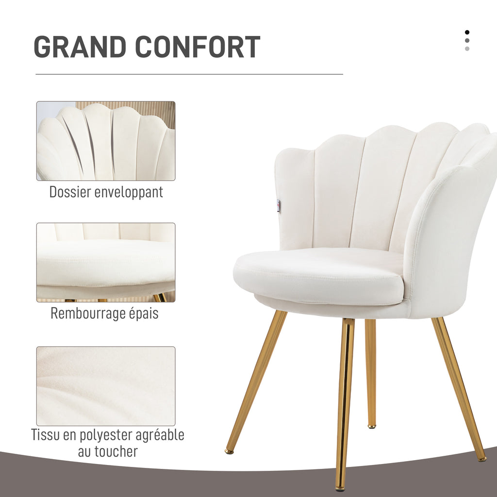 Fauteuil coquillage chaise coiffeuse fauteuil en velours fauteuil de salon avec pieds en métal doré crème-5