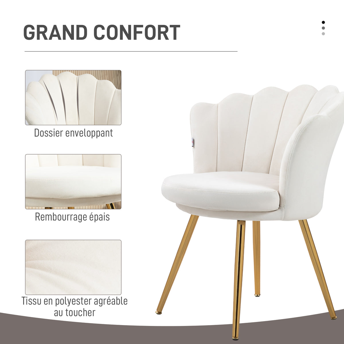 Fauteuil coquillage chaise coiffeuse fauteuil en velours fauteuil de salon avec pieds en métal doré crème-5