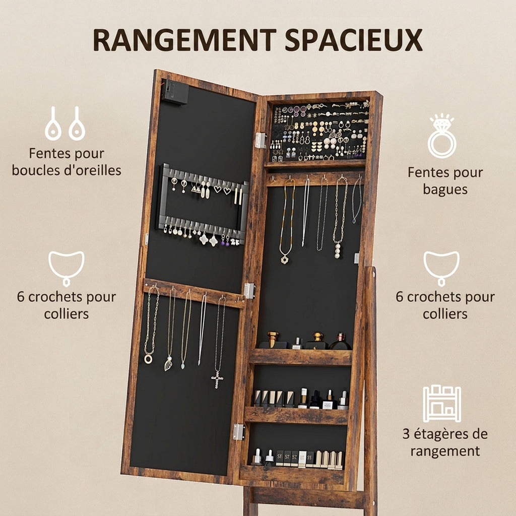 Armoire à bijoux armoire de rangement sur pieds boîte à bijoux avec miroir multi-rangements éclairage LED brun rustique-3