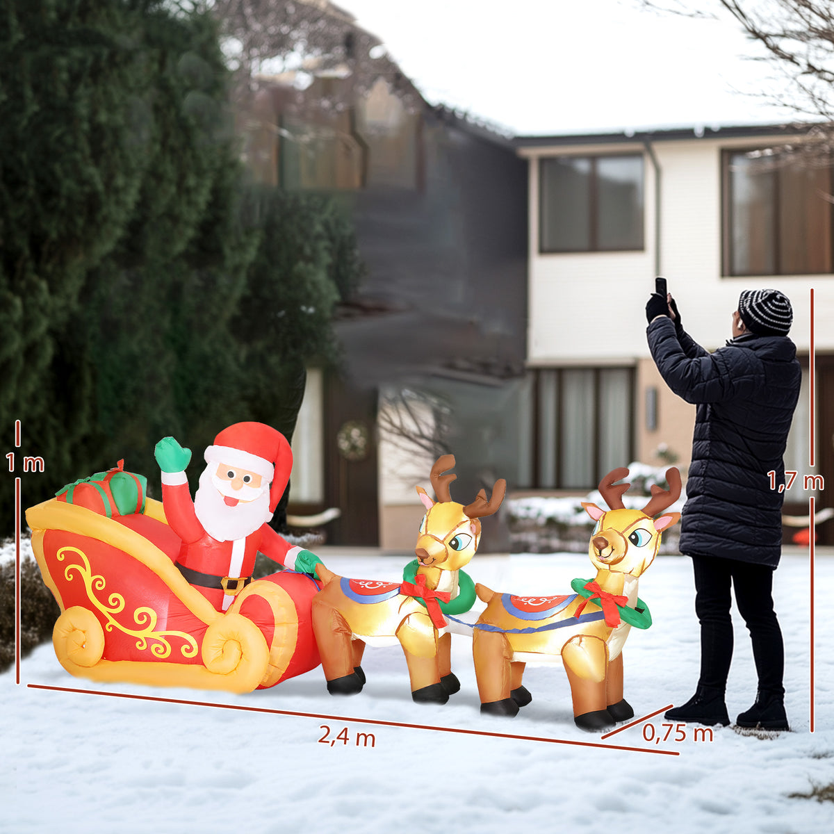 Babbo Natale gonfiabile con slitta e renne, 240 cm, 6 luci LED