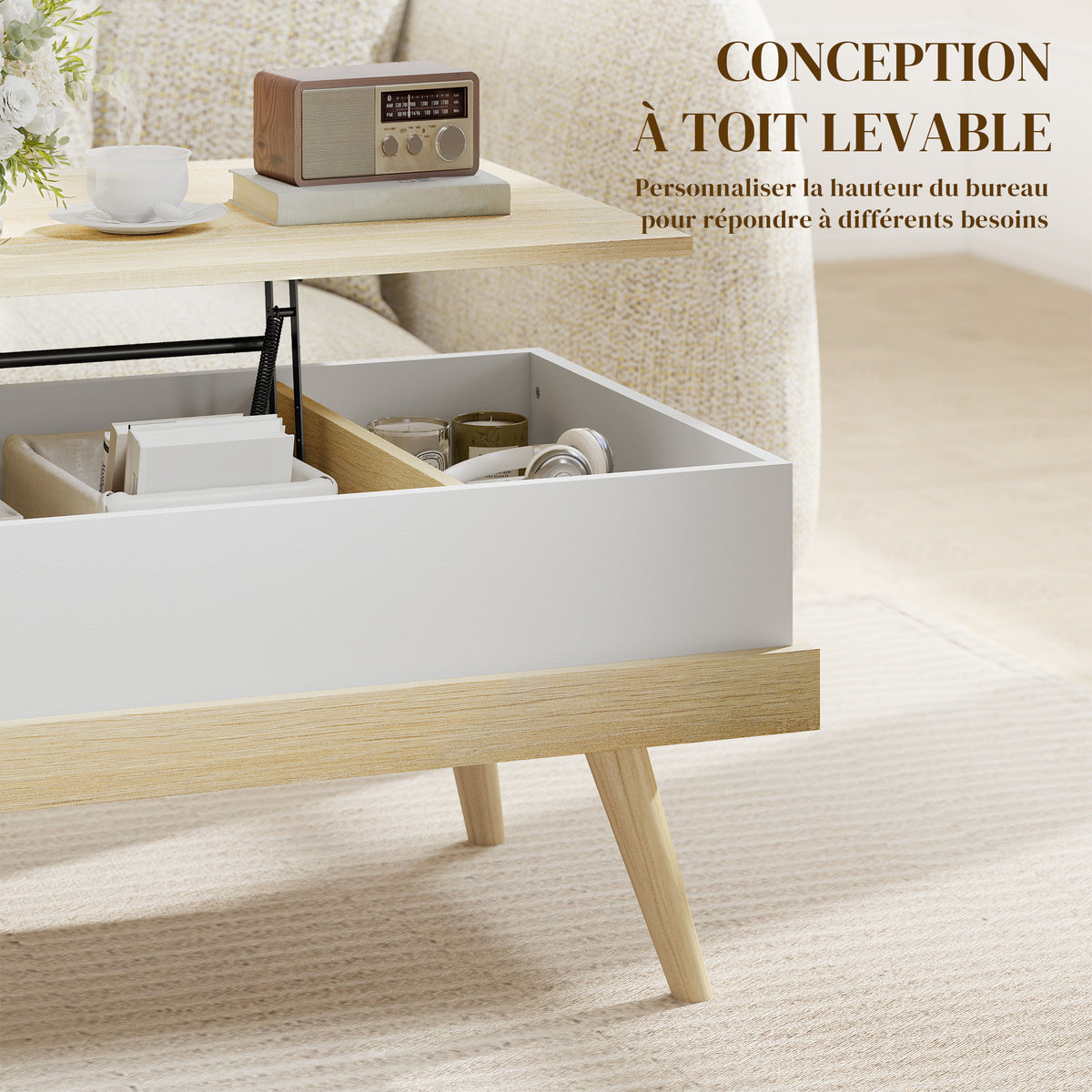 Table Basse Relevable avec 3 Compartiments Cachés, Table de Salon Moderne, Pieds en Bois, 100x79x54cm, Naturel Blanc-3
