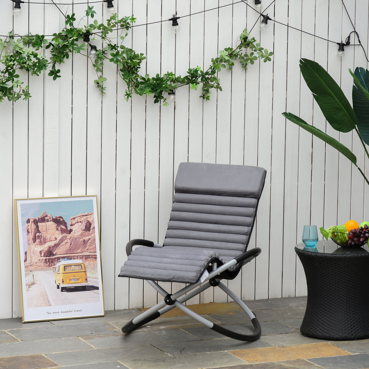 Chaise Longue à Bascule Pliable Rocking Chair avec Matelas revêtement Aspect Daim métal textilène Gris Noir-1