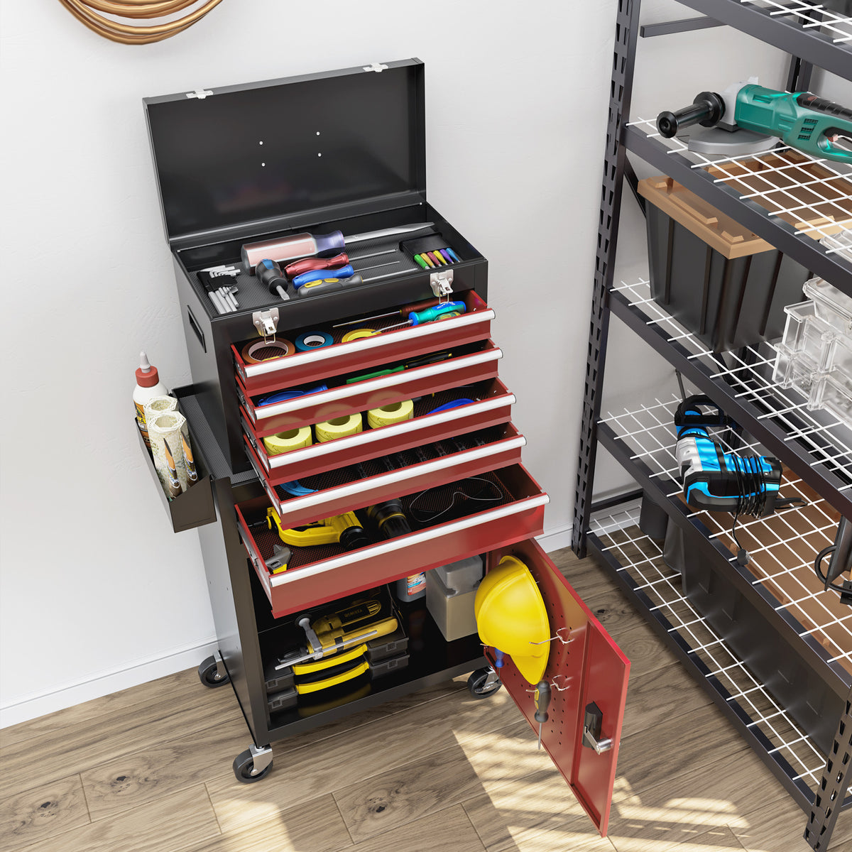 Armoire à outils verrouillable sur roulettes avec 5 tiroirs et armoire, sur roulettes pour l'atelier et la maison, rouge-7