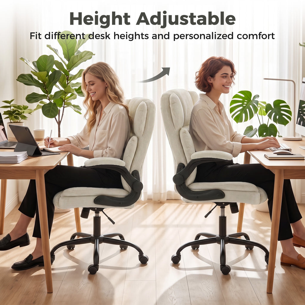 Chaise de Bureau Ergonomique en Chenille, Fonction Bascule, Accoudoirs Relevables, Hauteur Réglable, 70x67x108cm, Beige-7