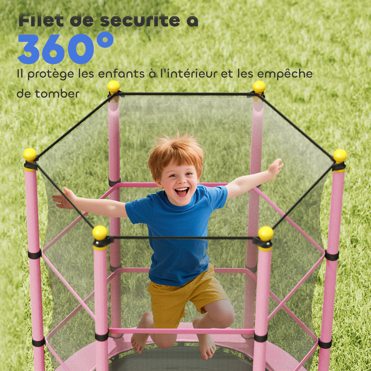 Trampoline Enfant Ø 1,40 × 1,90H m Filet de sécurité Porte zipée Couvre-Ressorts 6 poteaux rembourrés Inclus Rose-6