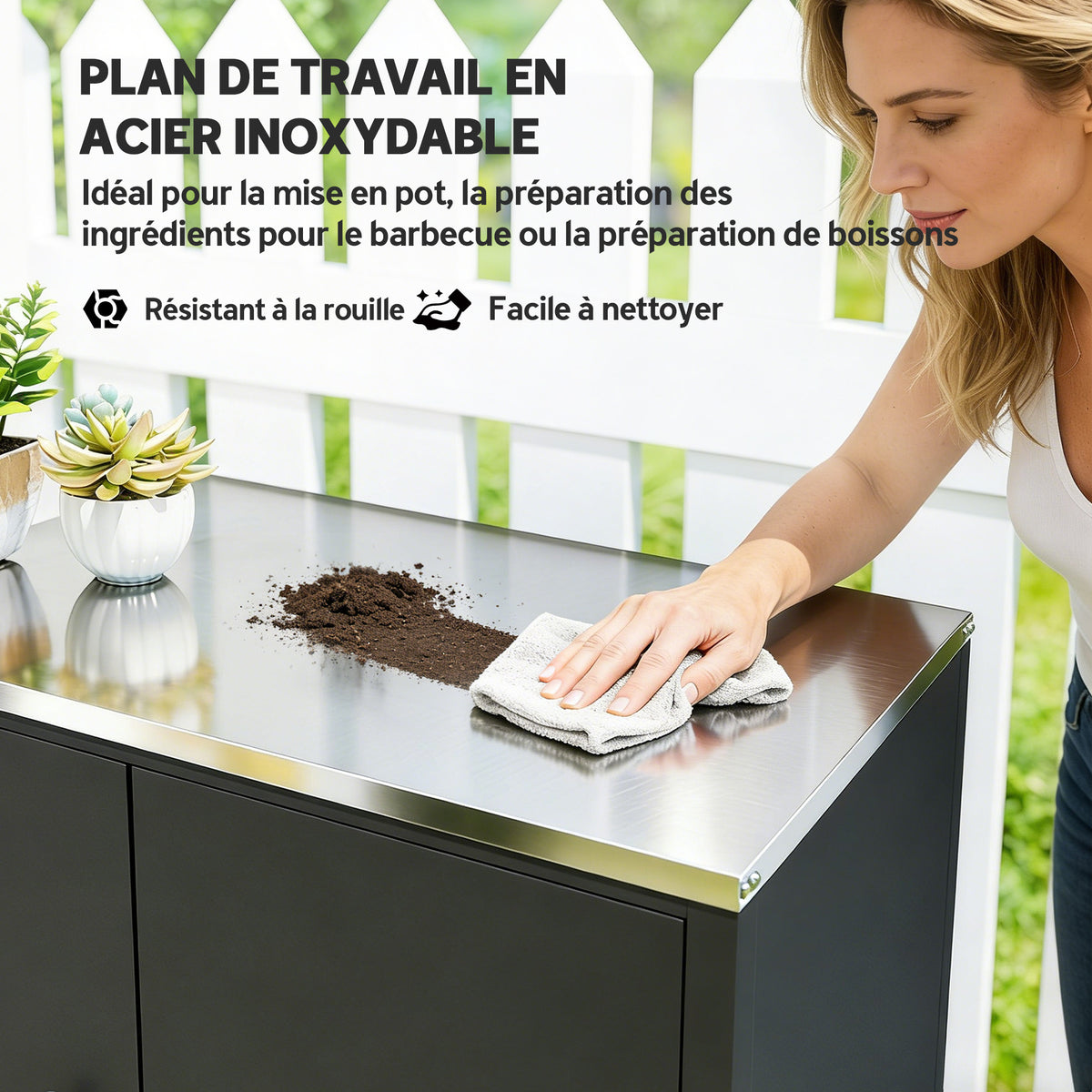 Armoire de jardin en Métal, Armoire de Rangement Extérieur, Toit en Acier Inoxydable et Roulettes, Noir-4