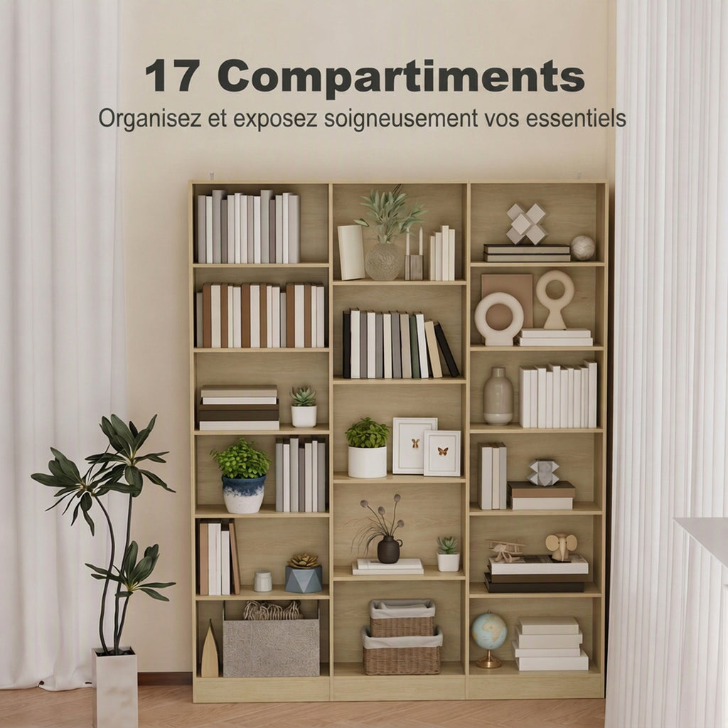 Bibliothèque 6 Niveaux, Étagère de Rangement avec 17 Compartiments et Étagères Réglables, 149 x 23,6 x 188 cm, Chêne-3