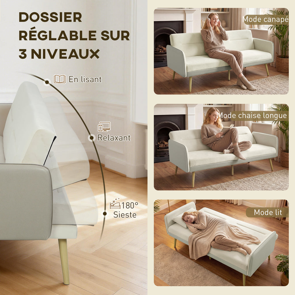 Canapé convertible 3 places 3 en 1, canapé-lit clic-clac, dossier réglable, assise rembourrée, 185 x 84 x 83 cm, beige-4