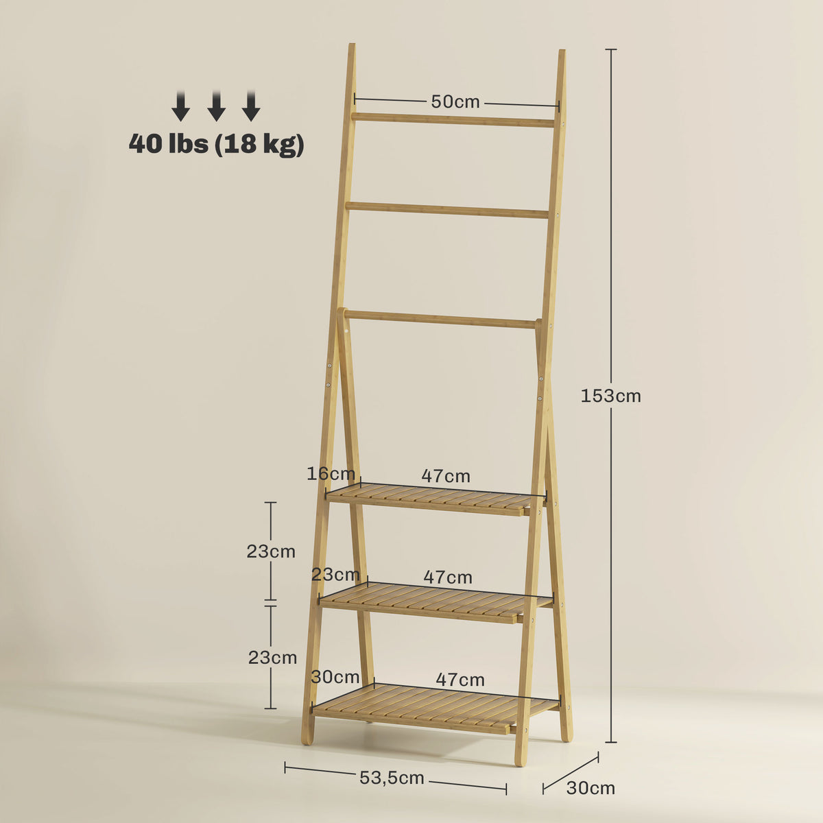 Étagère salle de bain en bambou pliable 3 niveaux étagère à échelle porte-serviettes 53,5x30x153cm effet bois naturel-2