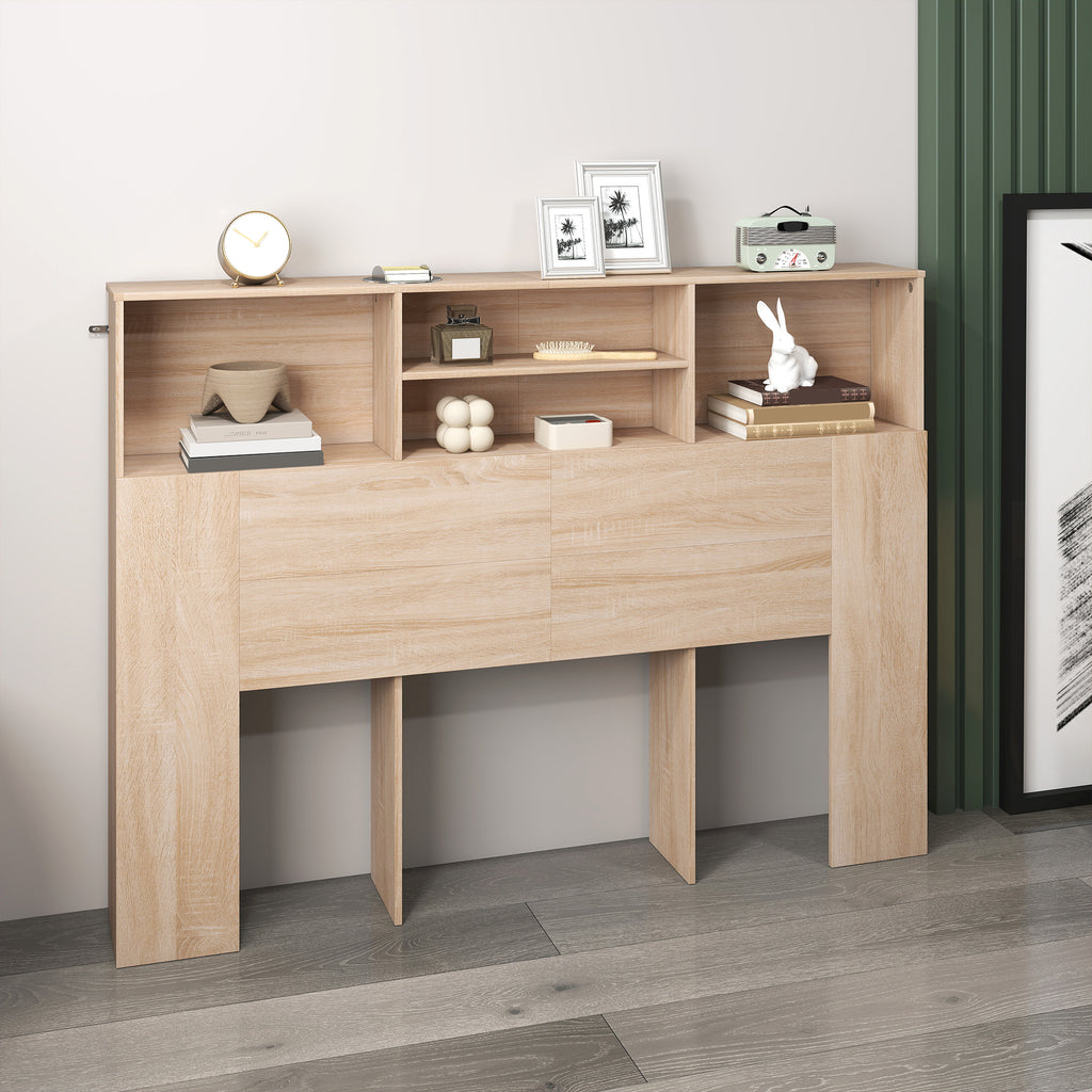 Tête de lit sur pied avec rangements, accessoire de lit 4 compartiments ouverts, 140 x 19 x 103,5 cm, effet bois naturel-8