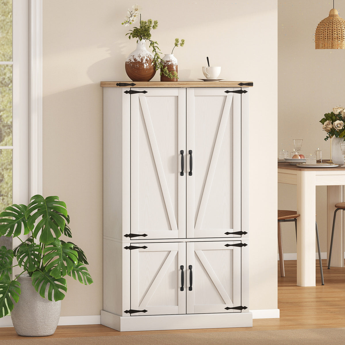 Buffet de cuisine, armoire de cuisine avec 4 portes, 6 porte-épices et étagères réglables, 76,3 x 40 x 136 cm, blanc-9