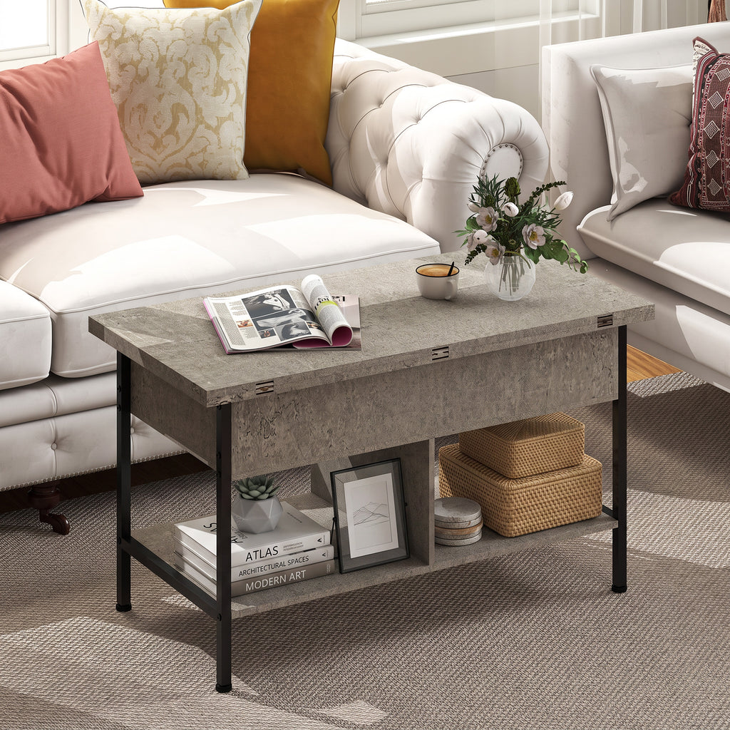Table basse relevable et extensible, table de salon avec compartiment caché étagères ouvertes, 98x49x55cm, gris-7