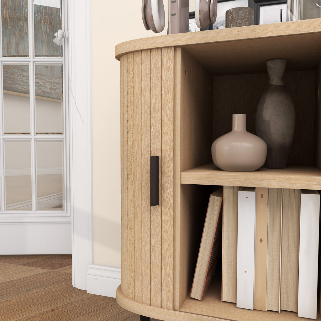 Buffet meuble de rangement avec portes coulissantes à lattes, armoire de cuisine avec pieds en acier, ton chêne-8