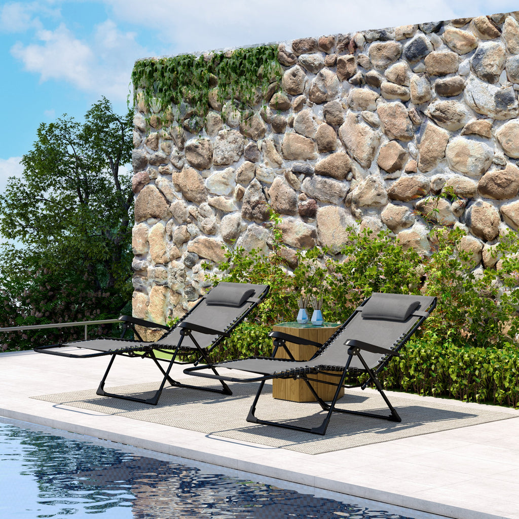 Lot de 2 bain de soleil, chaise longue pliante inclinable avec appuie-tête en textilène, 90 x 65 x 112 cm, gris-9