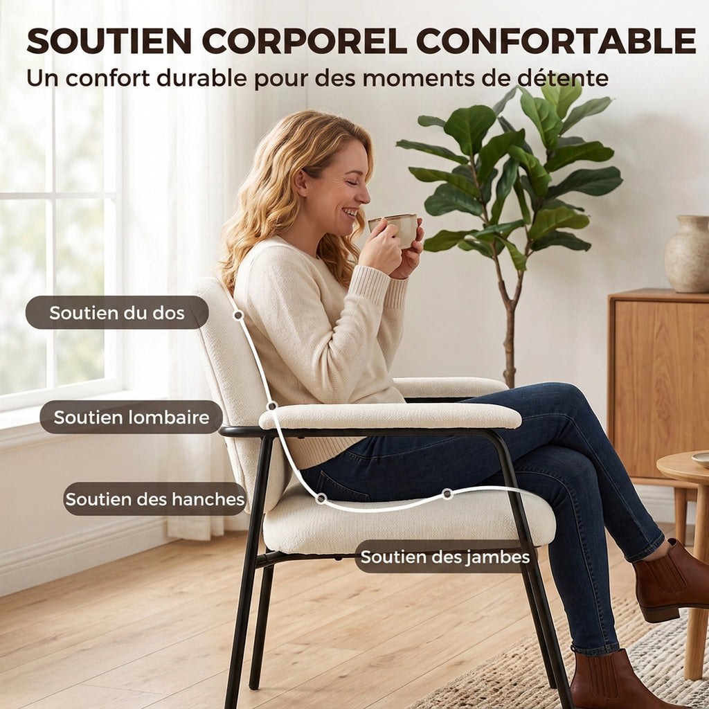 Lot de 2 Fauteuils Salon, Fauteuils d'Appoint en Chenille avec Dossier Profilé, Accoudoirs Rembourrés, Crème-5
