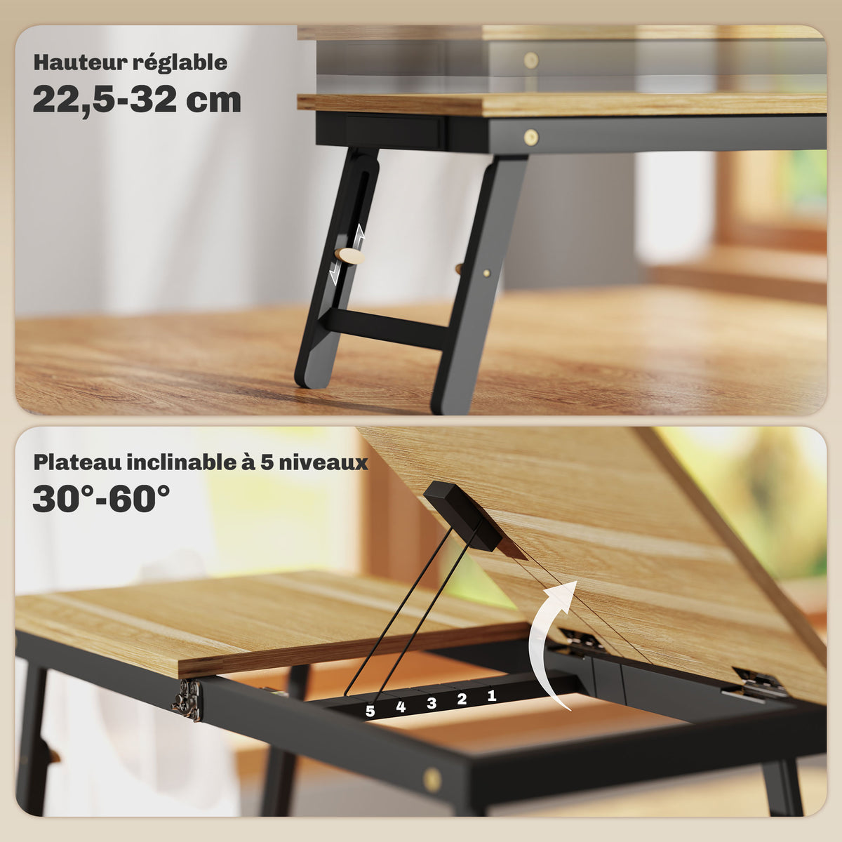 Table de lit pliable et réglable, plateau de lit pour ordinateur portable en bambou - plateau inclinable, tiroir, chêne-3