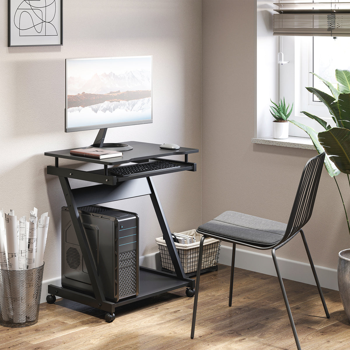 Bureau Informatique Roulant - Bureau Mobile - Table d'ordinateur - Tablette coulissante Clavier + étagère - Noir-1