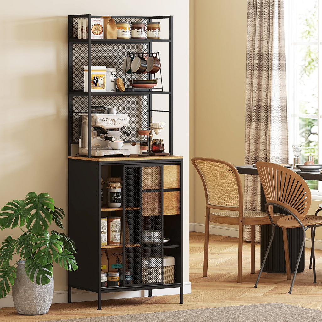 Buffet, armoire de cuisine, plan de travail, porte coulissante, tiroirs et étagères ouvertes, 60x40x180cm, bois naturel-1