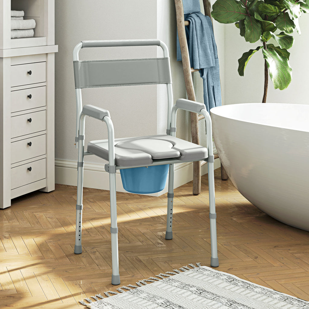 Chaise percée toilette pliable antidérapante hauteur réglable, siège et accoudoirs rembourrés, charge 150 kg, Gris-1
