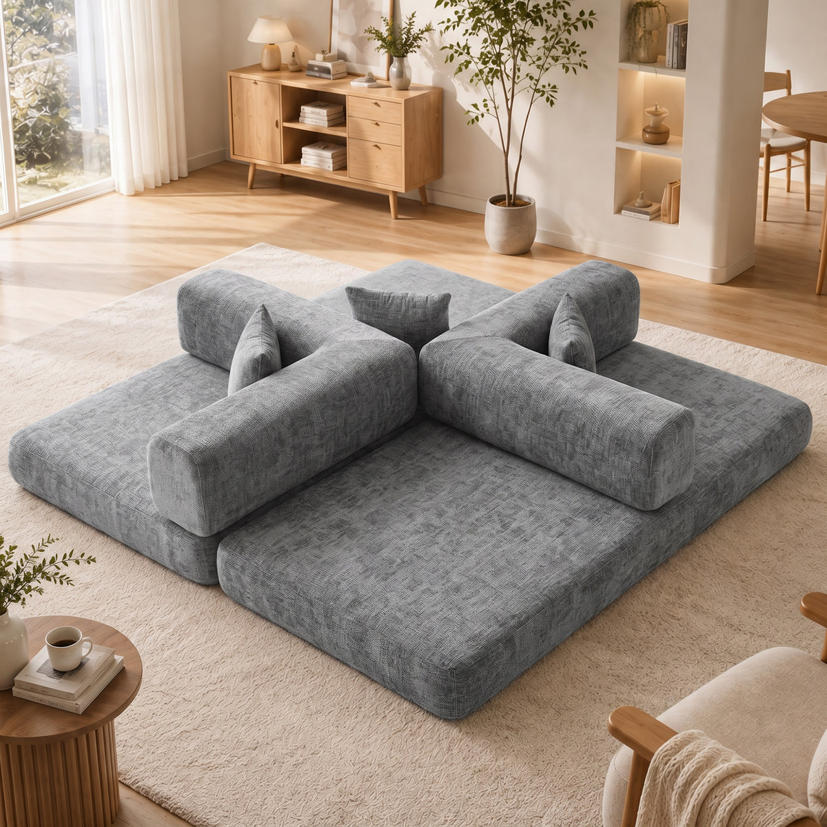 Canapé Convertible 3 Places Compressé 5 en 1, Canapé-Lit en Chenille 205cm, Assise Profonde, 2 Coussins, Gris-8