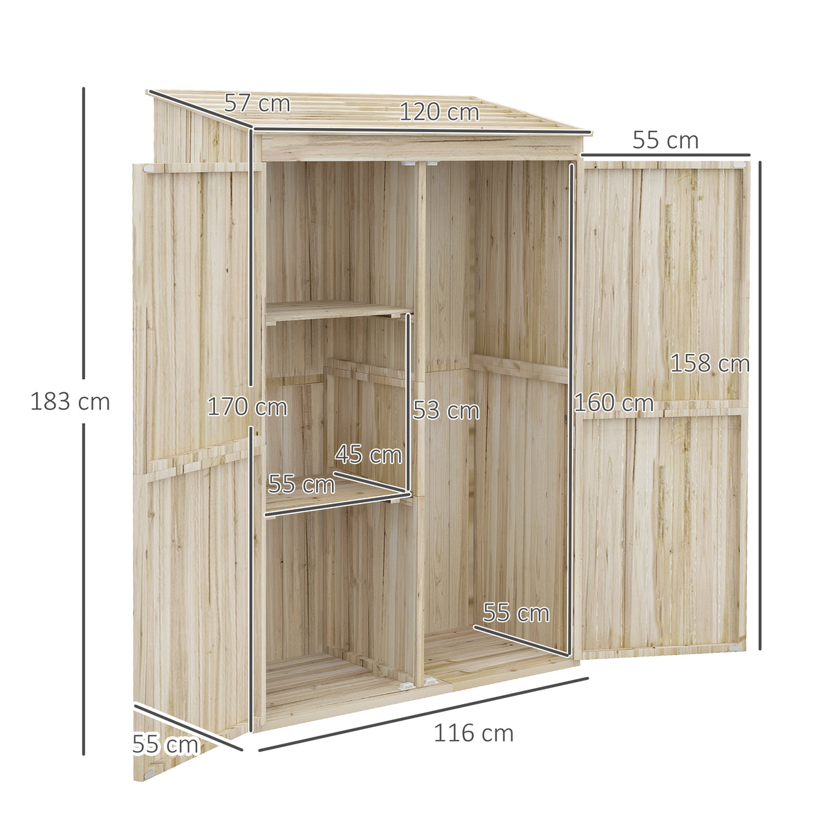 Armoire de jardin armoire de rangement en bois 2 étagères 2 portes toit incliné 120 x 57 x 183 cm bois naturel-2