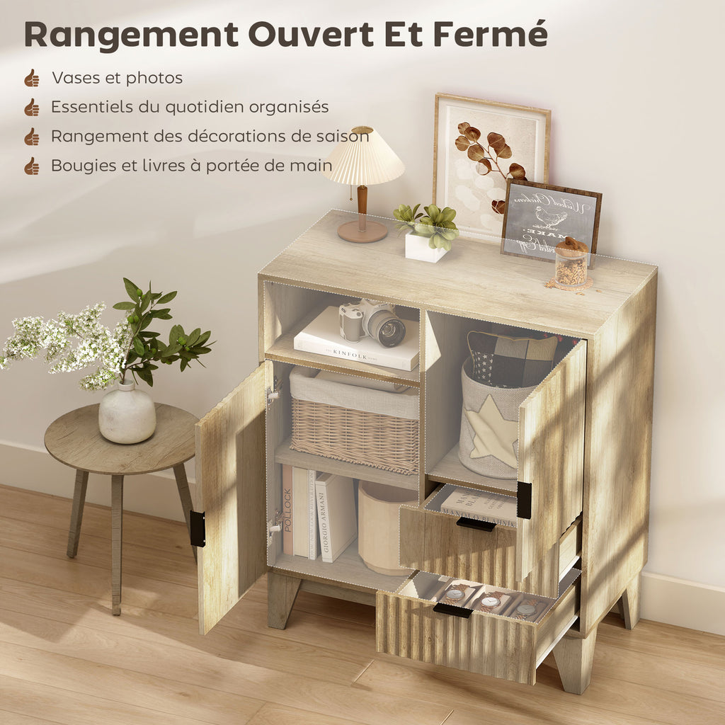 Buffet salon, meuble de rangement, 2 portes, 2 tiroirs, étagère réglable, compartiment ouvert, 80x40x90cm, bois naturel-3