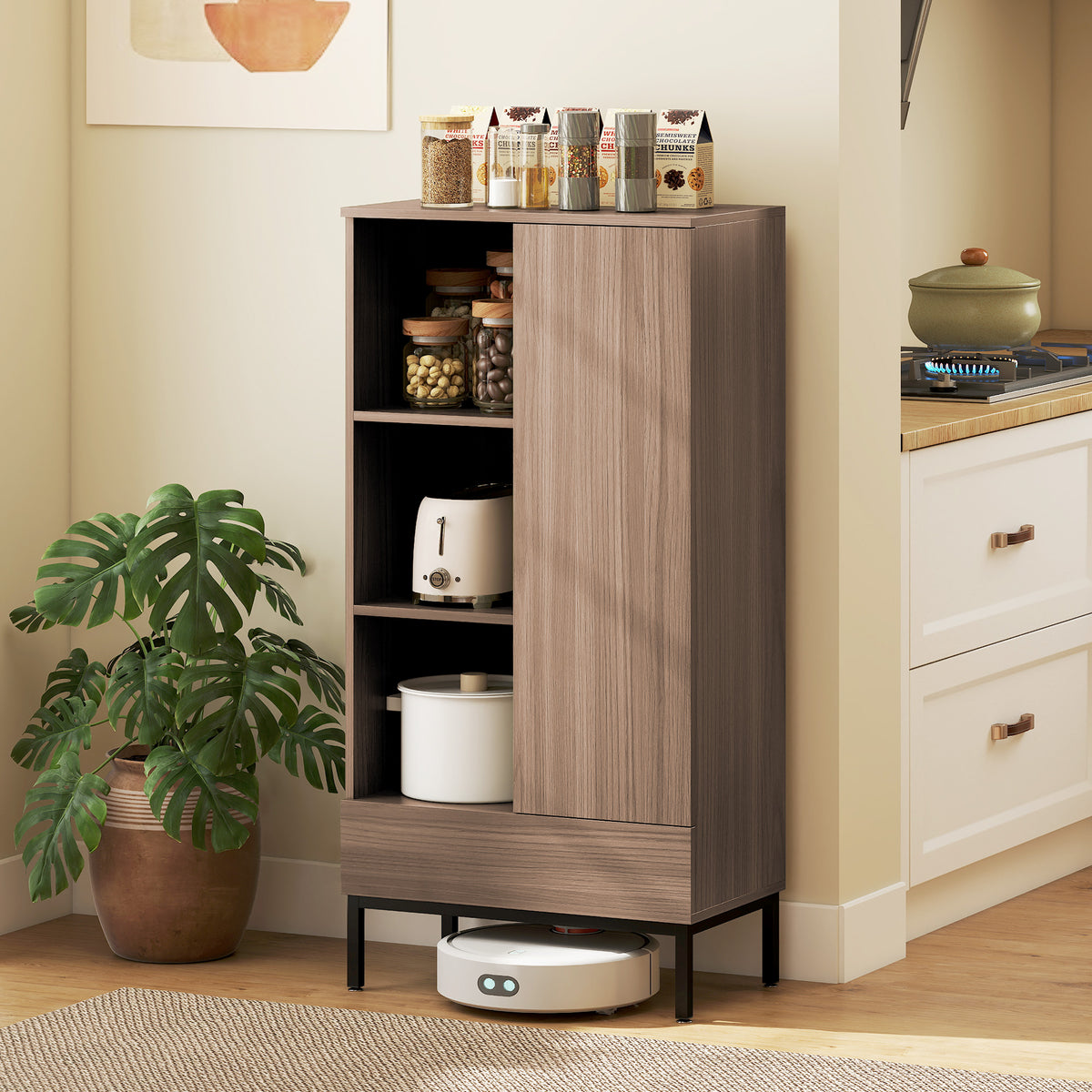 Buffet meuble de rangement avec placard à portes, tiroir, 3 compartiments ouverts et étagères réglables, gris-9