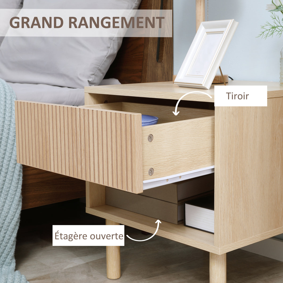 Table de chevet table de nuit avec tiroirs et niches, table d'appoint style moderne pour chambre à coucher, salon, dim. 47 x 47 x 50 cm, finition bois naturel-4
