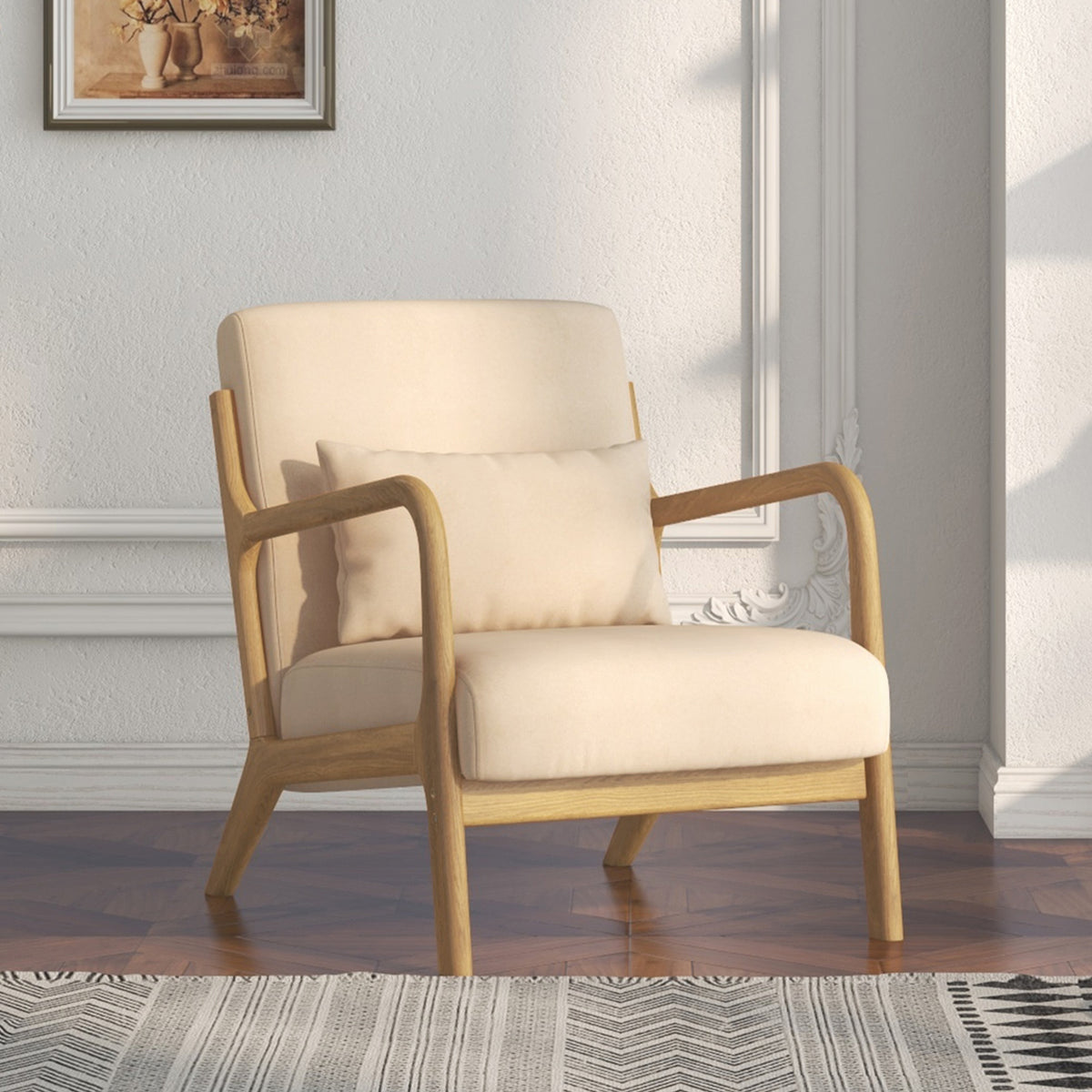 Fauteuil lounge - 3 coussins inclus - assise profonde - accoudoirs - structure bois hévéa - aspect velours beige-5