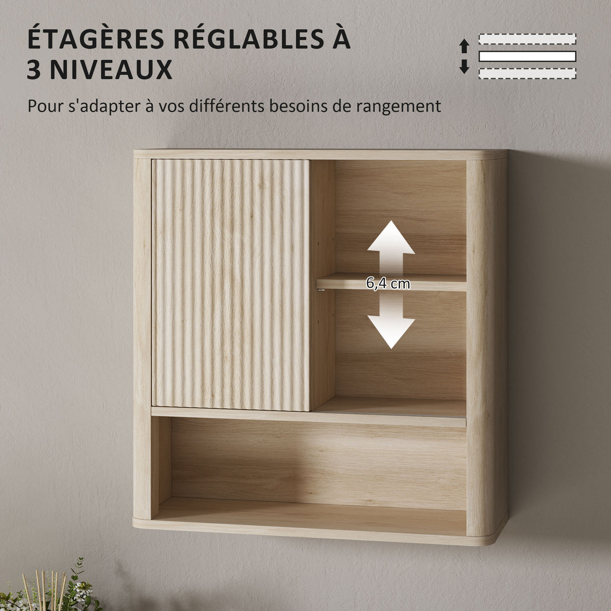 Armoire murale salle de bain avec étagères réglables, porte coulissante et étagères ouvertes, bois naturel-6