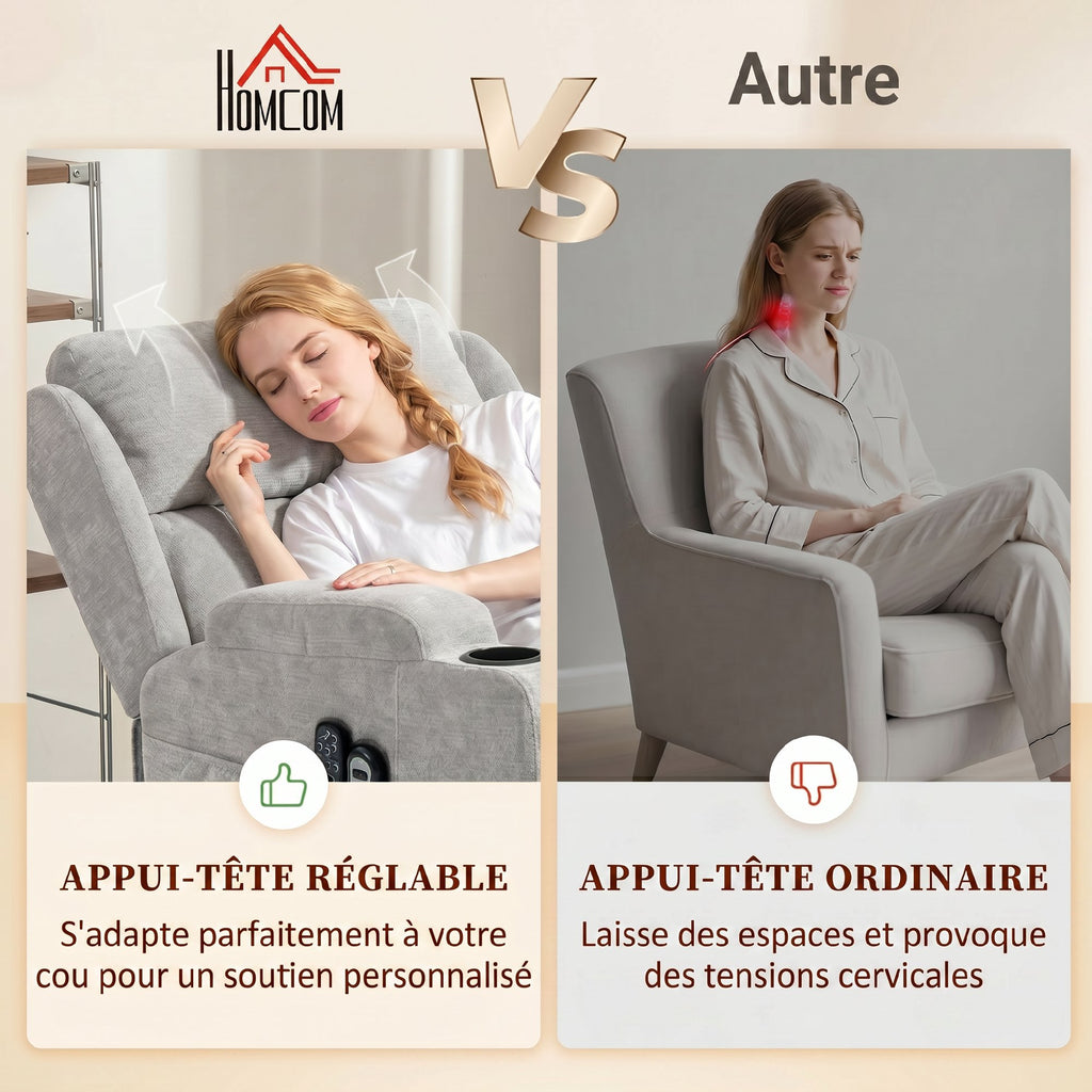 Fauteuil Releveur Électrique Massage et Chauffage, Fauteuil Relax Électrique en Chenille, Appui-tête Pliable, Gris Clair-4